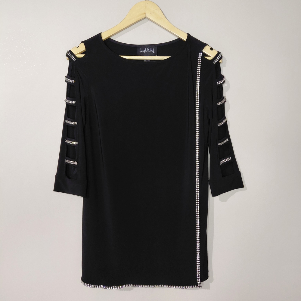 Joseph Ribkoff Black Size 4 Small Tunic with Rhinestones Cut-out ¾ Sleeves